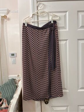 Max Studio Navy and Pink Patterned Midi Wrap Skirt with Side Tie